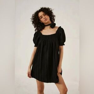 Free People Est Mila Mini Dress Smocked Puff Sleeve Shift Black Size large